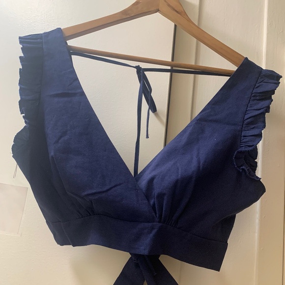 Denim Linen ruffle backless top - Picture 1 of 4